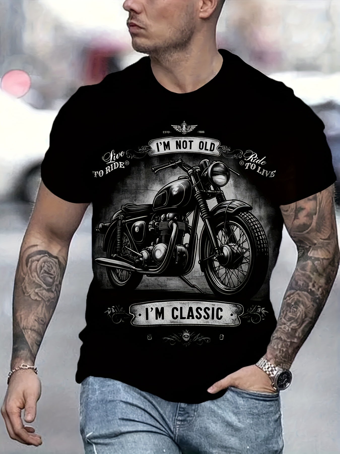 Summer Casual Men's 3D Digital Vintage Style Motorcycle Print and "I'M NOT OLD I'M CLASSIC" Graphic Short Sleeve Crew Neck T-Shirt, Father's Day Gift - Boyfriend Gift - Fashionable Summer Top for Outdoor Activities