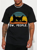 Men's Casual Trendy Black Cat Print T-shirt, Short Sleeve Crew Neck Hip Hop Style Tees For Summer Holiday Gift