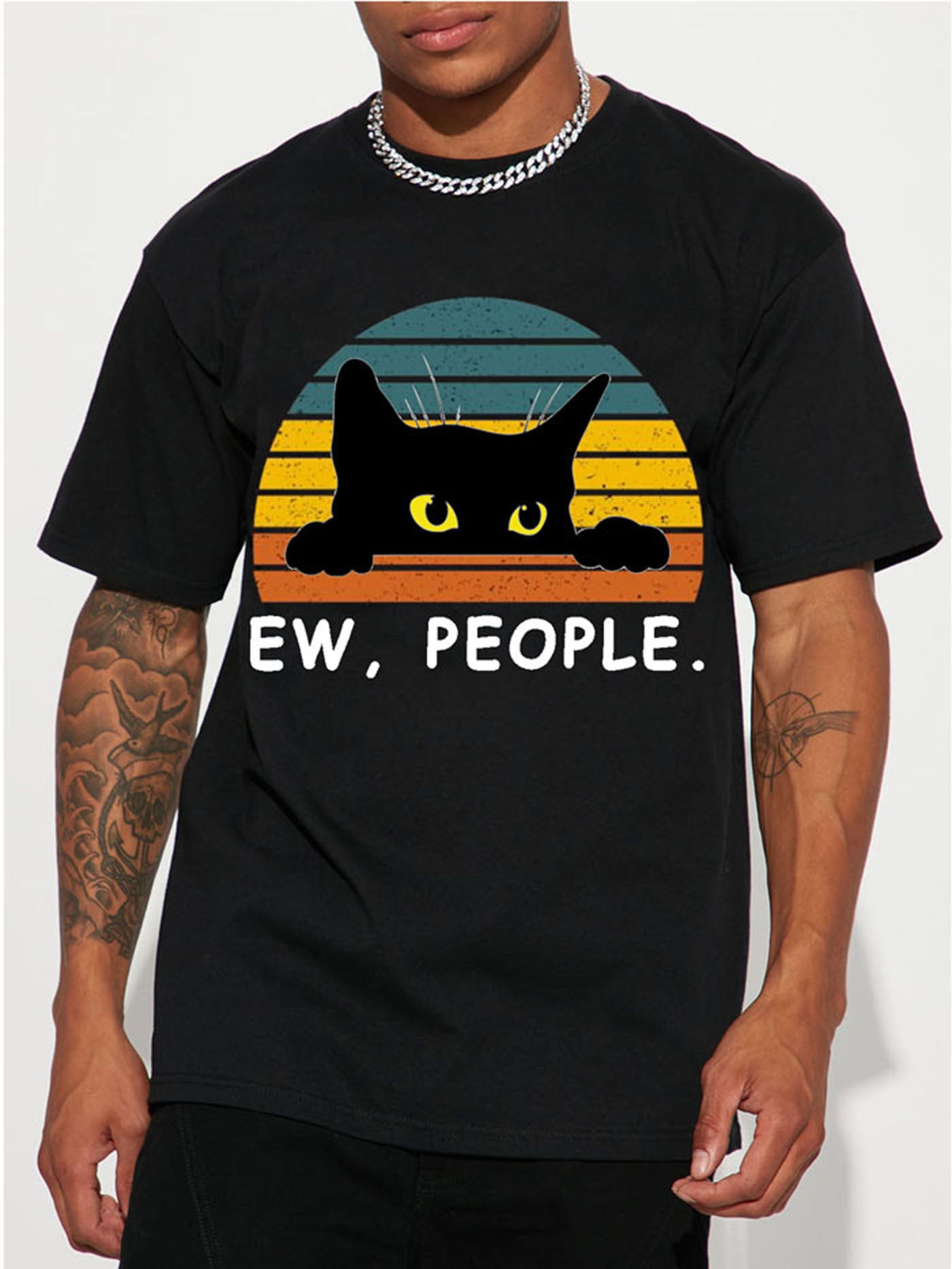 Men's Casual Trendy Black Cat Print T-shirt, Short Sleeve Crew Neck Hip Hop Style Tees For Summer Holiday Gift