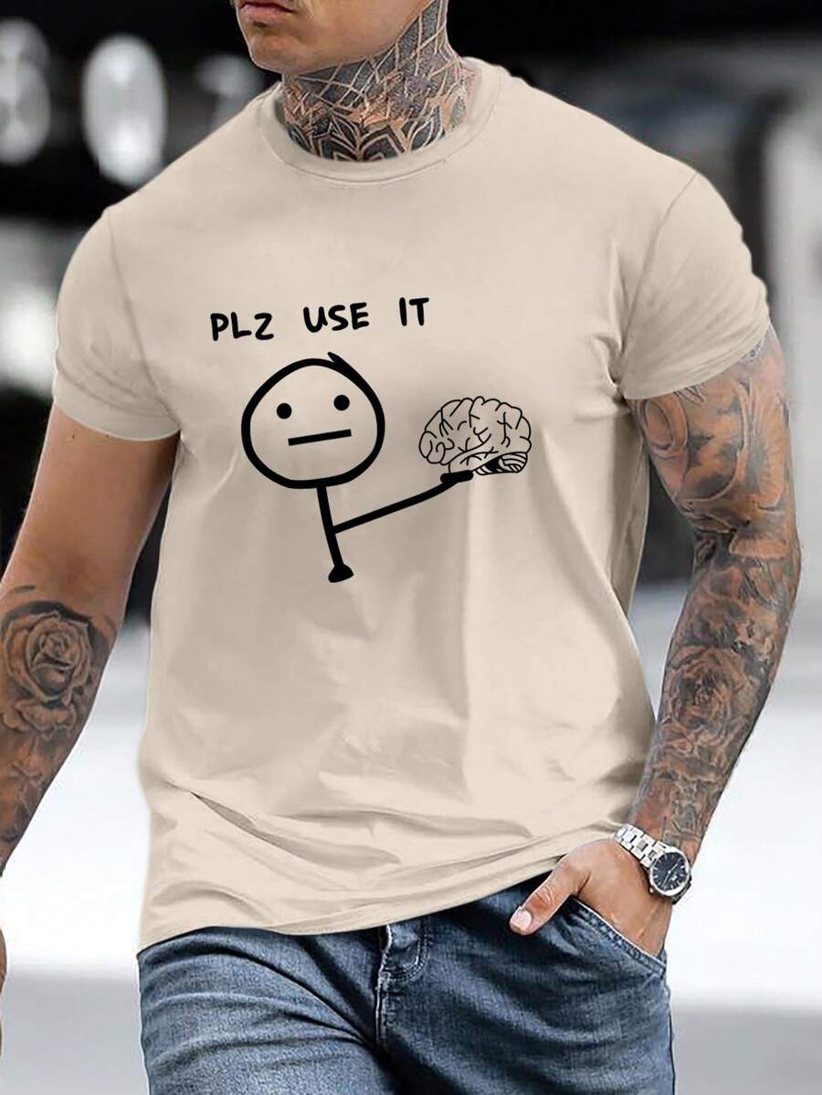 Manfinity Homme Men Cartoon & Slogan Graphic Casual Short Sleeve Tee, For Going Out, For Husband