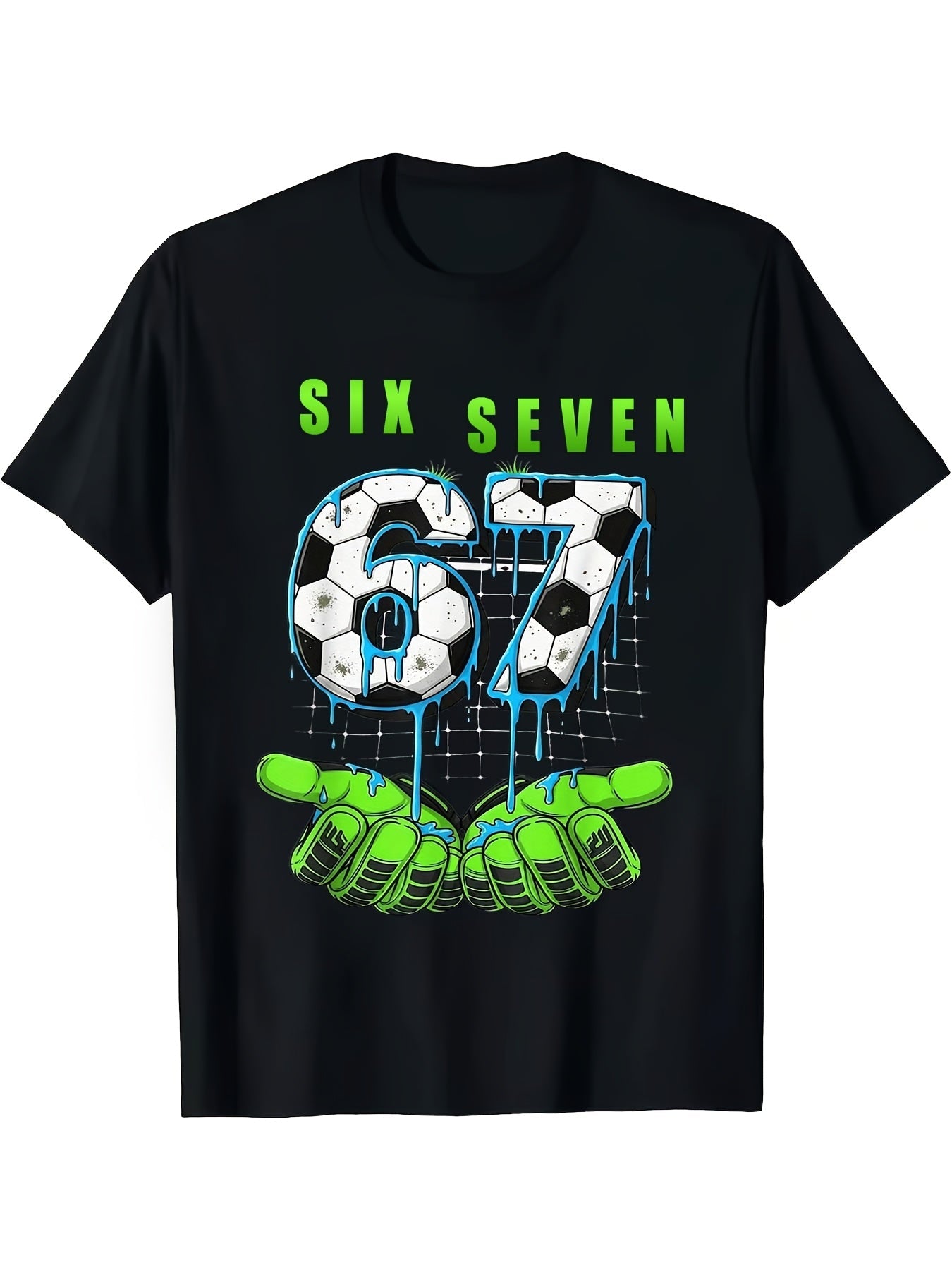 Children's Football "67" T-shirt - Neon Green and Turquoise Football Pattern with Drip Design, Suitable for Casual Round Neck T-shirt of Fans and Players