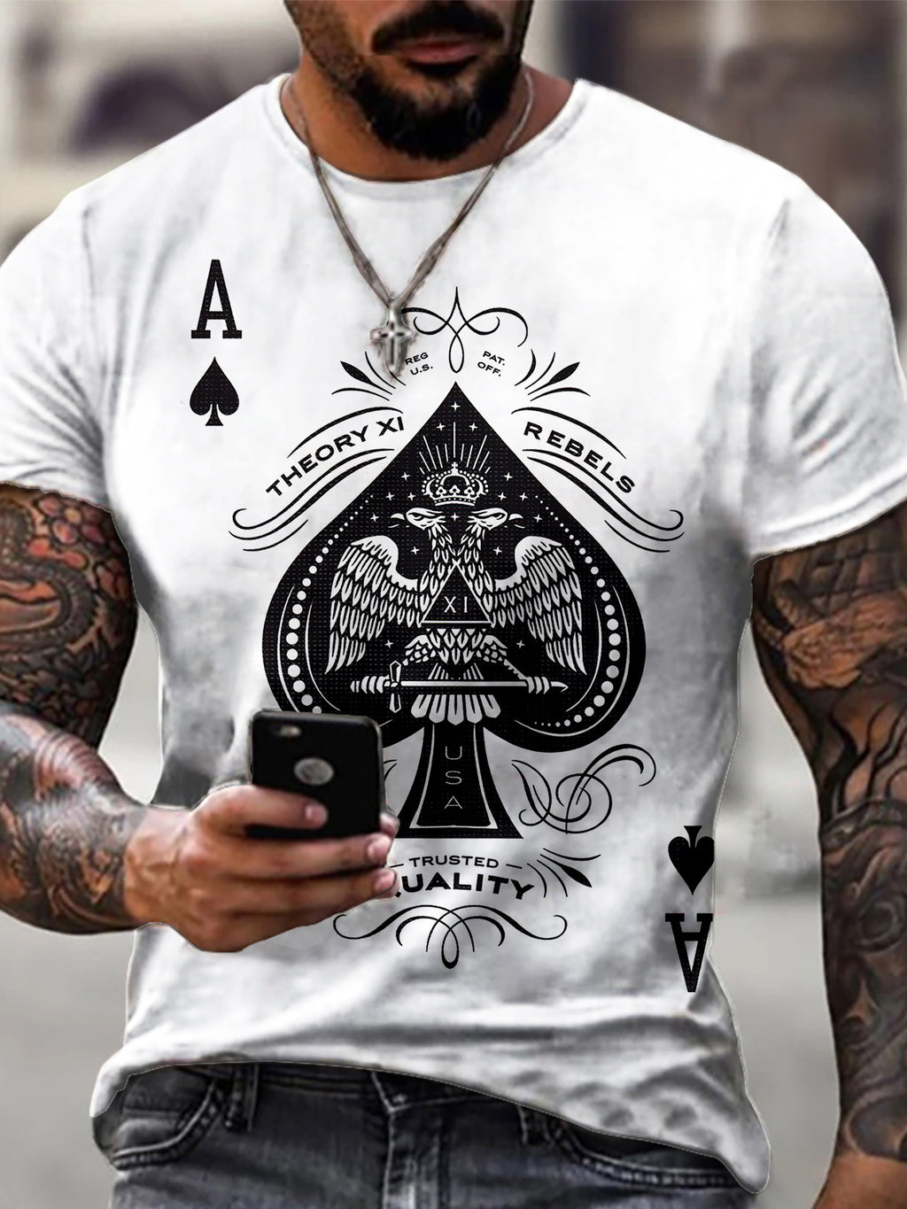 Men's Oversized Fit Suitable for: Casual Streetwear T-Shirt with Spade A Print - Loose Fit Round Neck, Machine Washable Sporty Hip Hop Shirts