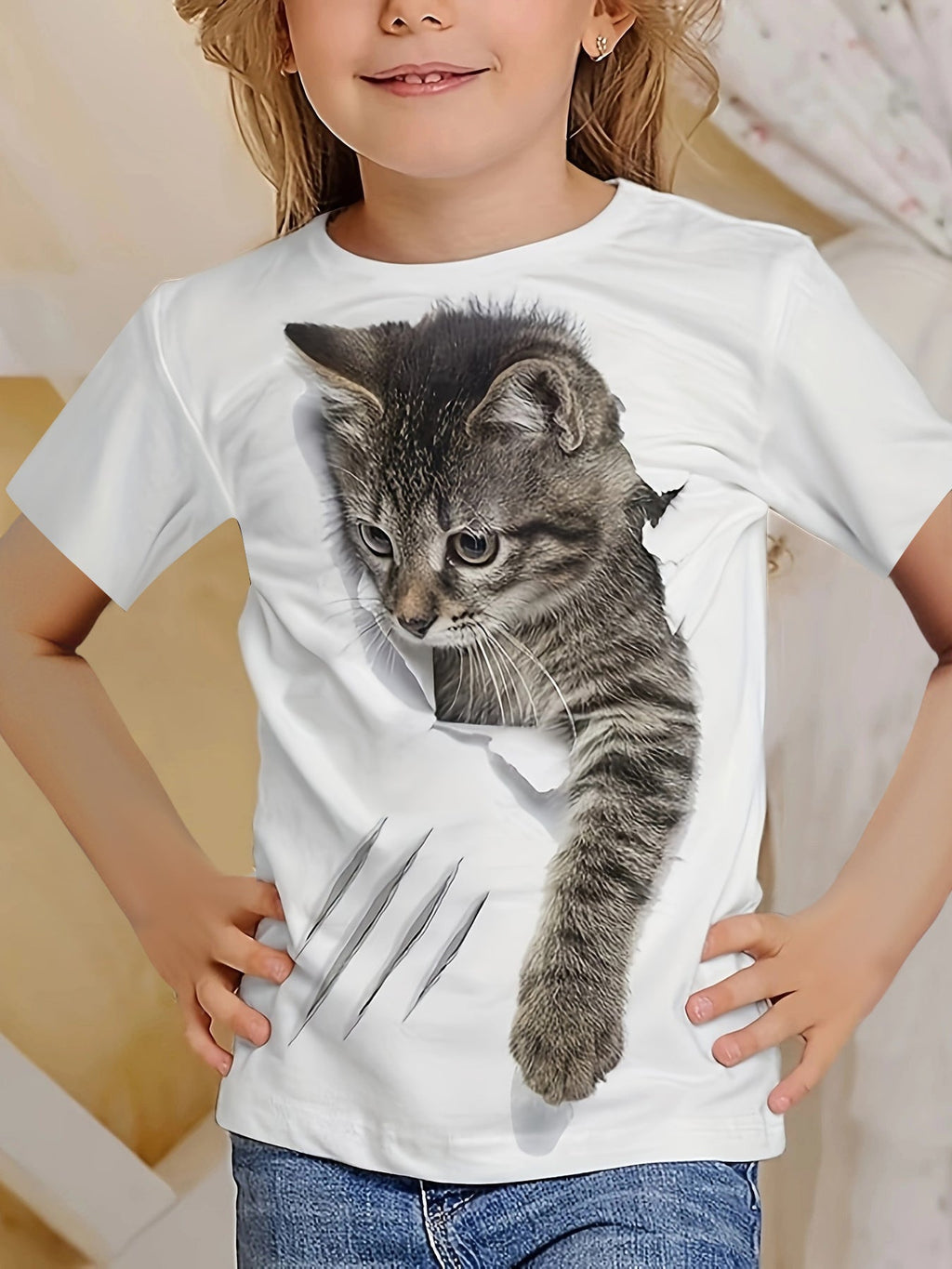 Pretty Girl's Cute 3D Cat Print Casual Short-Sleeve T-Shirt