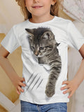 Pretty Girl's Cute 3D Cat Print Casual Short-Sleeve T-Shirt
