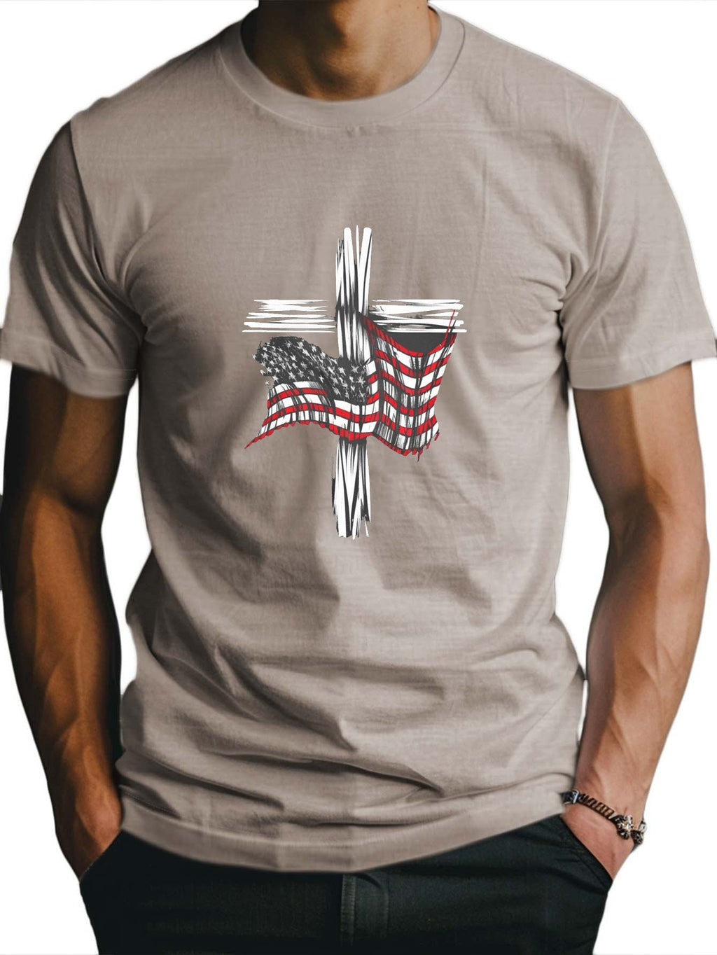 American Flag And Cross Print Tee Shirt, Tees For Men, Casual Short Sleeve T-shirt For Summer