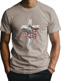 American Flag And Cross Print Tee Shirt, Tees For Men, Casual Short Sleeve T-shirt For Summer