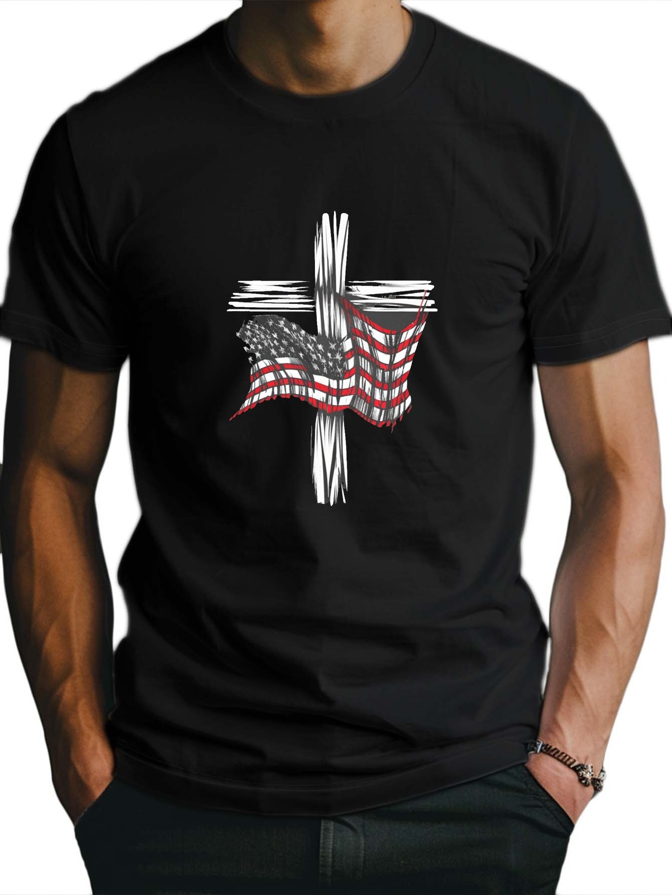 American Flag And Cross Print Tee Shirt, Tees For Men, Casual Short Sleeve T-shirt For Summer