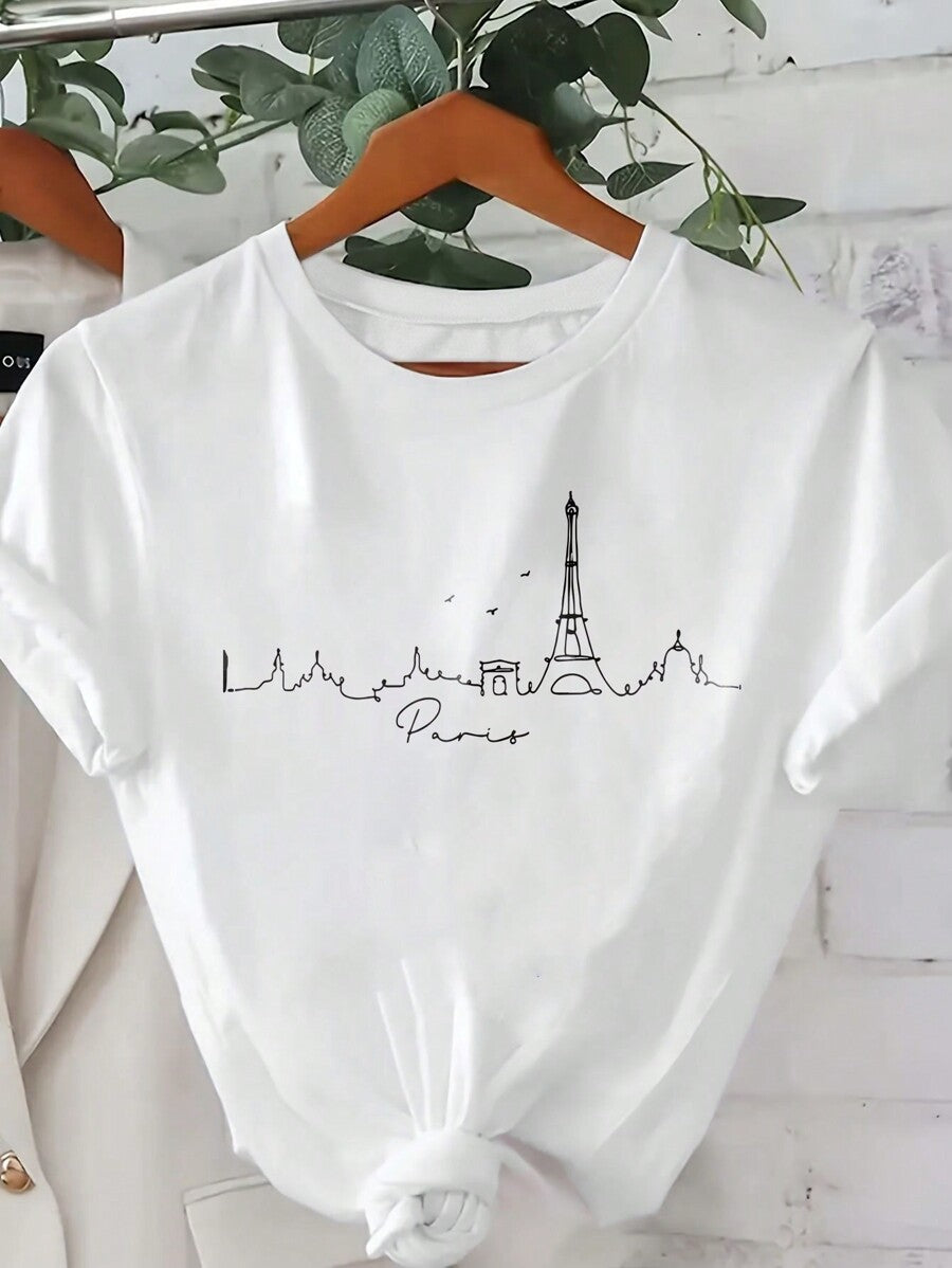 INAWLY Paris Landscape Outline Women's T-Shirt, Cool Parisian Art Print With Round Neck Short Sleeve Casual Tee Graphic Tees Women Tops
