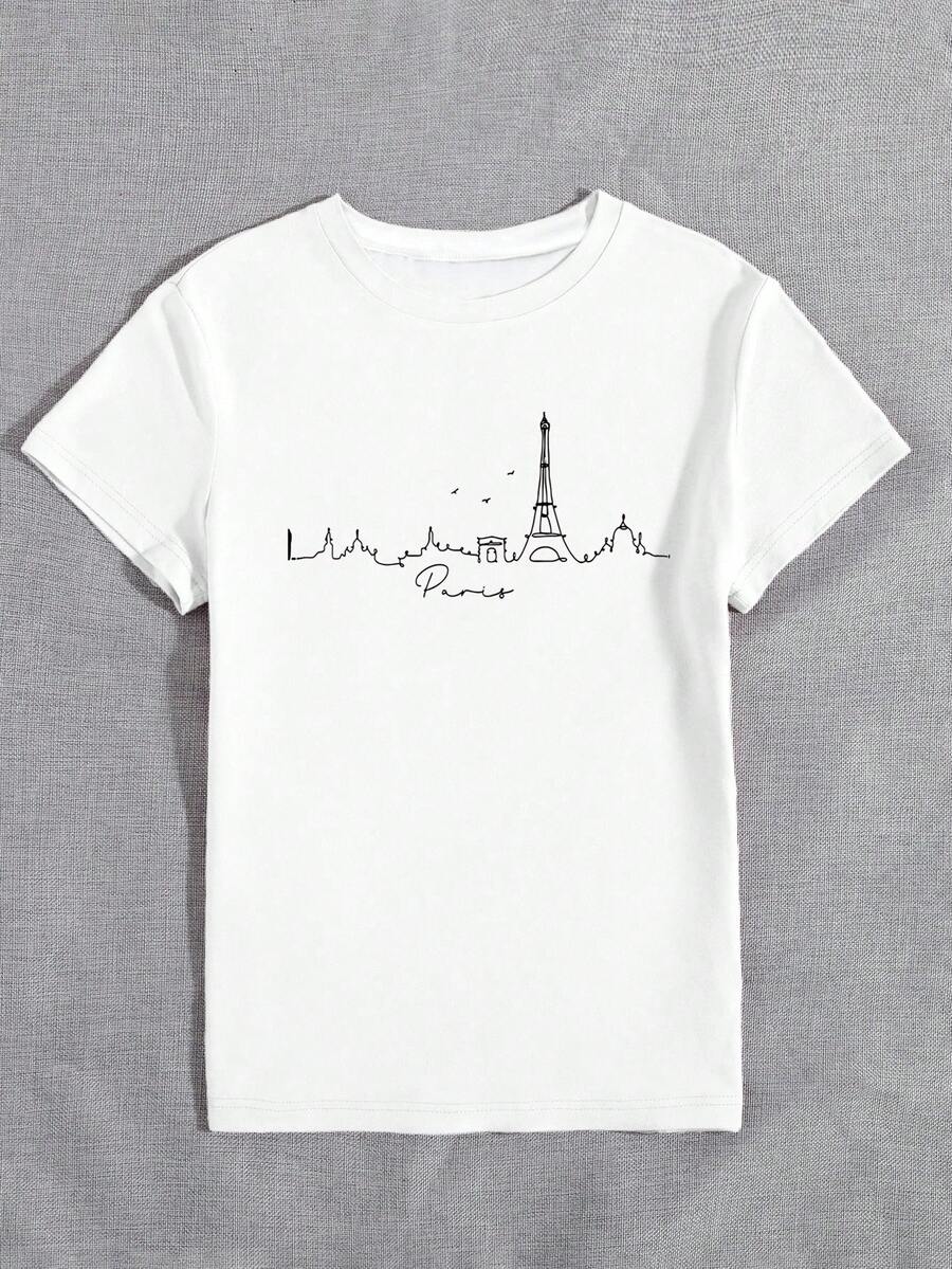 INAWLY Paris Landscape Outline Women's T-Shirt, Cool Parisian Art Print With Round Neck Short Sleeve Casual Tee Graphic Tees Women Tops