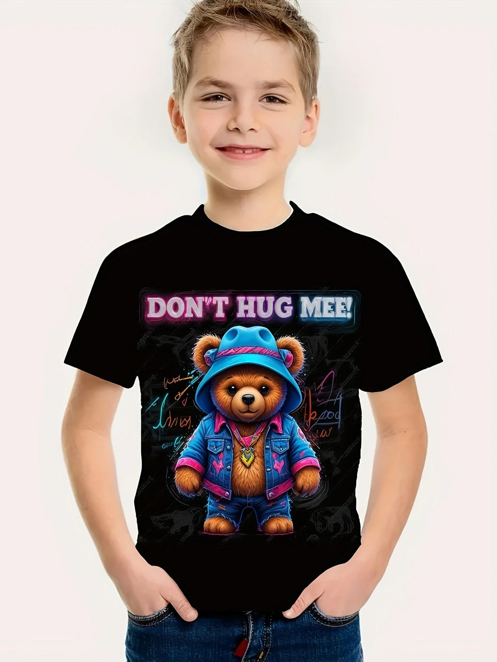 3D Printed Cartoon Cool Bear T-Shirt for Boys, Stylish, Casual, And Versatile Short-Sleeve Tee