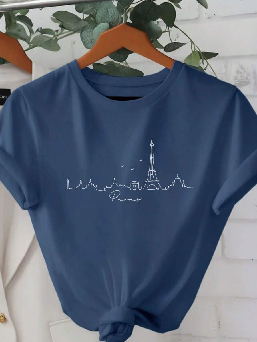 INAWLY Paris Landscape Outline Women's T-Shirt, Cool Parisian Art Print With Round Neck Short Sleeve Casual Tee Graphic Tees Women Tops