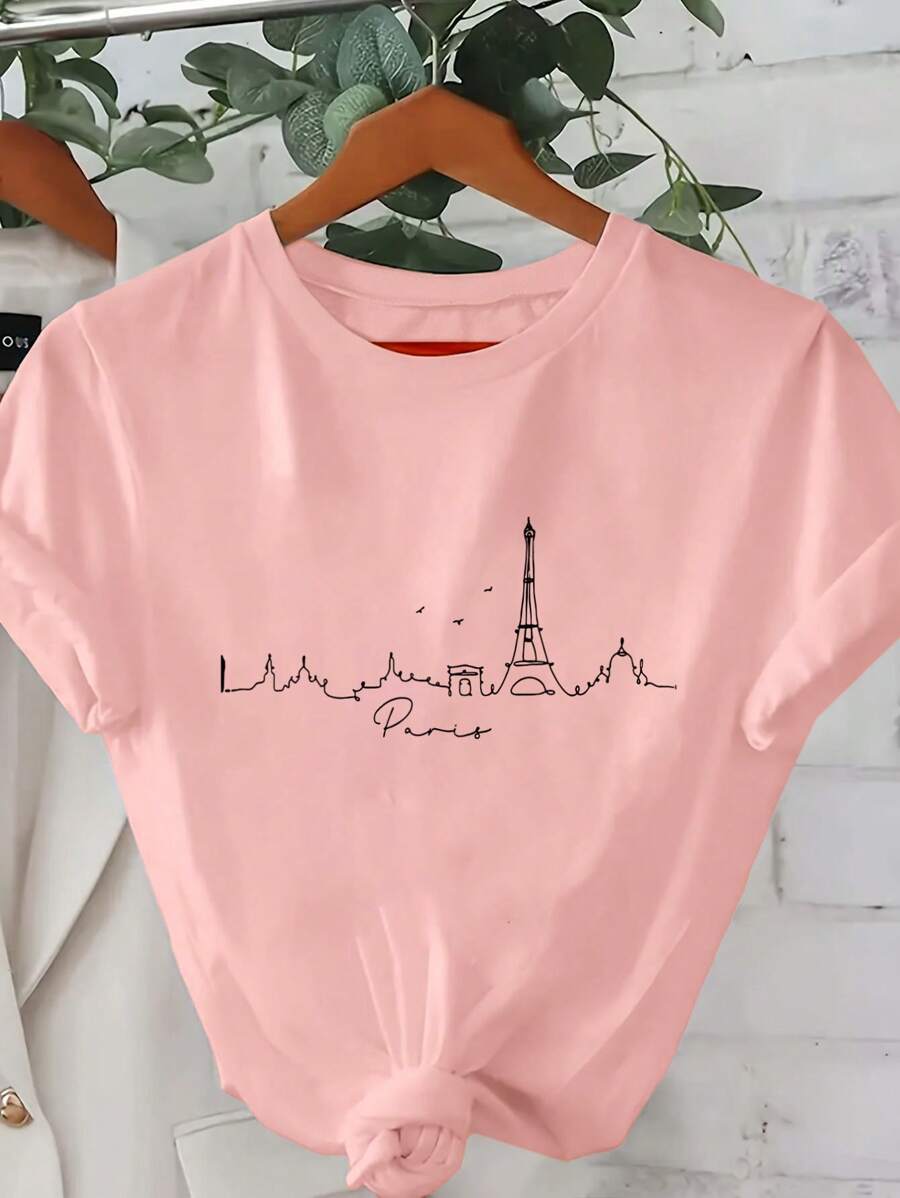INAWLY Paris Landscape Outline Women's T-Shirt, Cool Parisian Art Print With Round Neck Short Sleeve Casual Tee Graphic Tees Women Tops