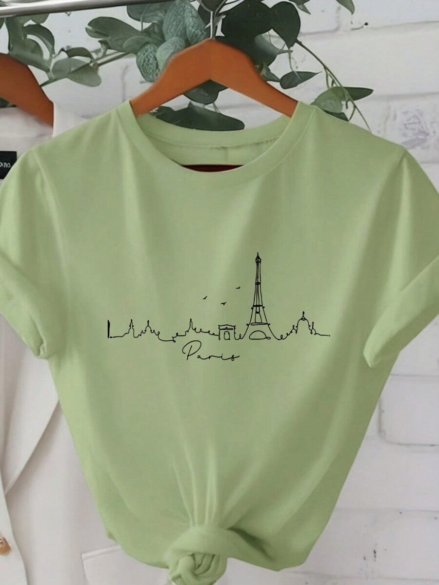 INAWLY Paris Landscape Outline Women's T-Shirt, Cool Parisian Art Print With Round Neck Short Sleeve Casual Tee Graphic Tees Women Tops