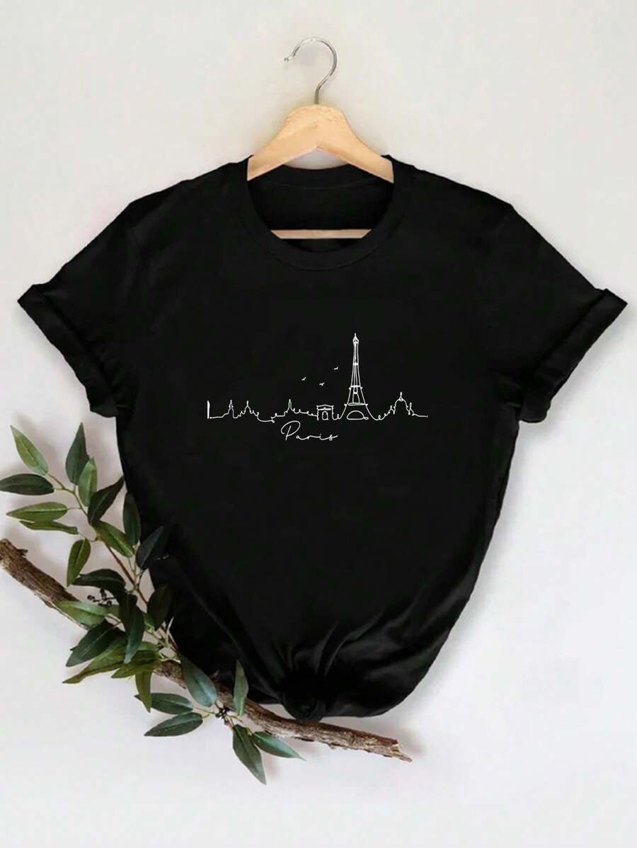 INAWLY Paris Landscape Outline Women's T-Shirt, Cool Parisian Art Print With Round Neck Short Sleeve Casual Tee Graphic Tees Women Tops