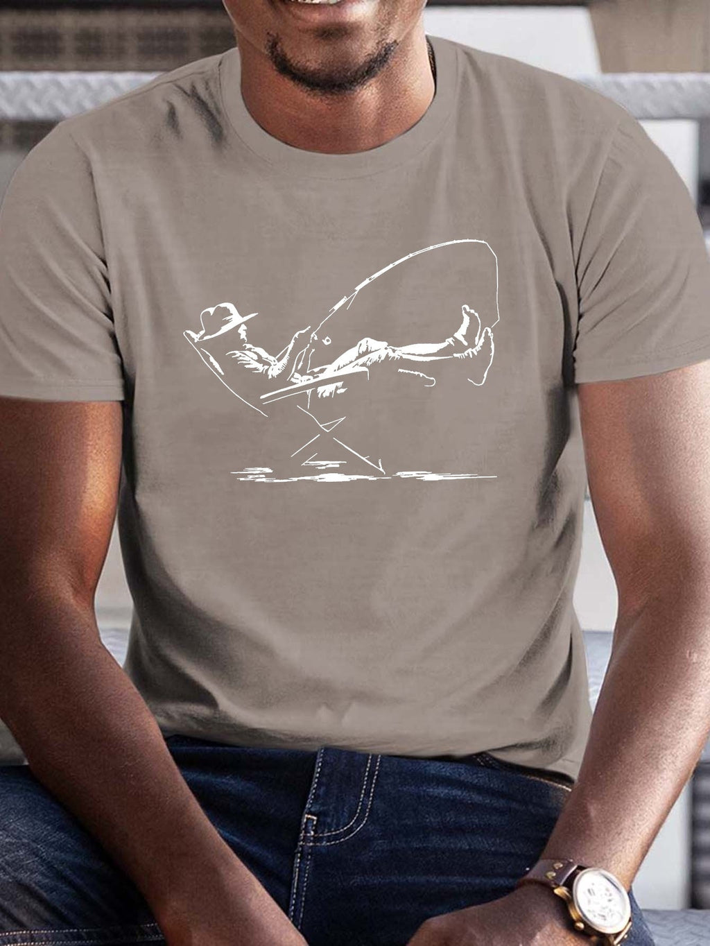 Plus Size Men's Summer T-shirt, Relaxation Serene Fishing Graphic Print Short Sleeve Tees Trend Casual Tops For Daily Life, Big & Tall