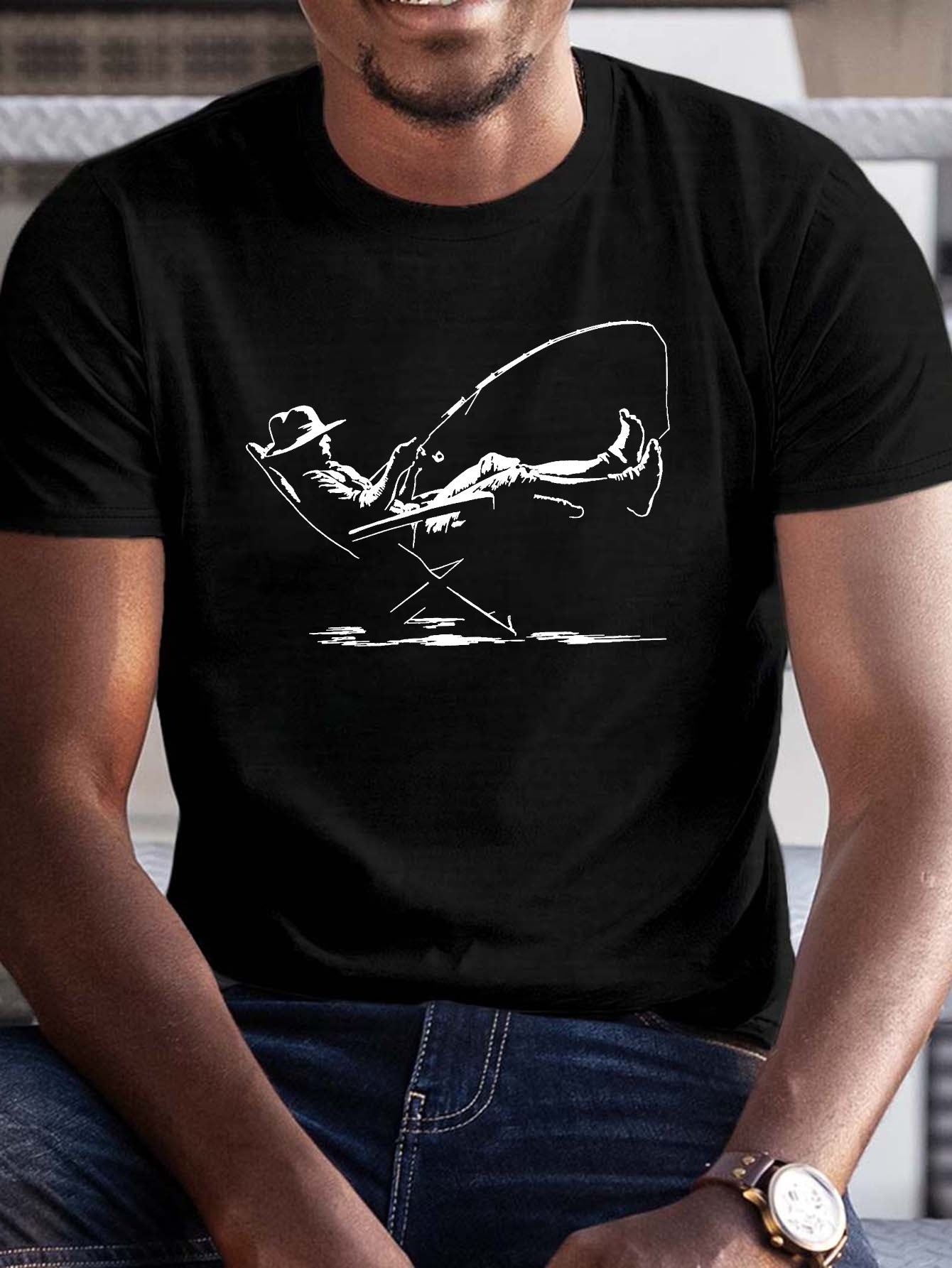 Plus Size Men's Summer T-shirt, Relaxation Serene Fishing Graphic Print Short Sleeve Tees Trend Casual Tops For Daily Life, Big & Tall