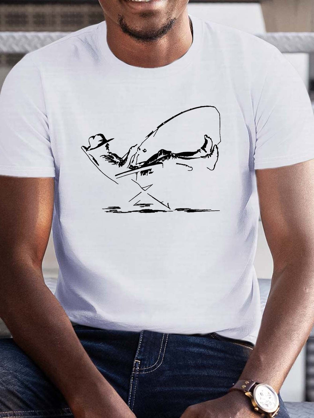 Plus Size Men's Summer T-shirt, Relaxation Serene Fishing Graphic Print Short Sleeve Tees Trend Casual Tops For Daily Life, Big & Tall