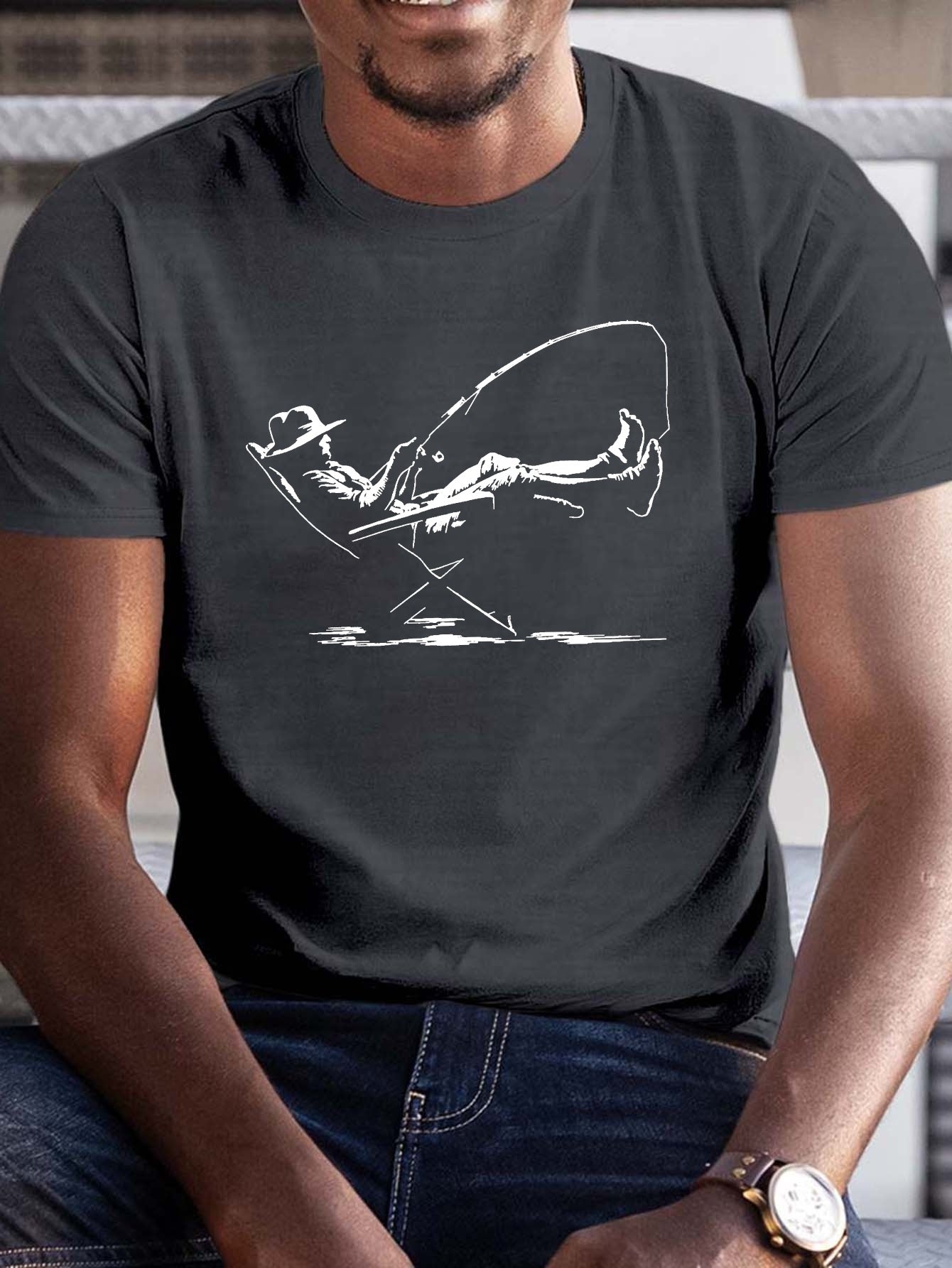 Plus Size Men's Summer T-shirt, Relaxation Serene Fishing Graphic Print Short Sleeve Tees Trend Casual Tops For Daily Life, Big & Tall