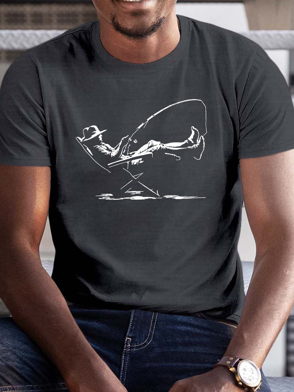 Plus Size Men's Summer T-shirt, Relaxation Serene Fishing Graphic Print Short Sleeve Tees Trend Casual Tops For Daily Life, Big & Tall