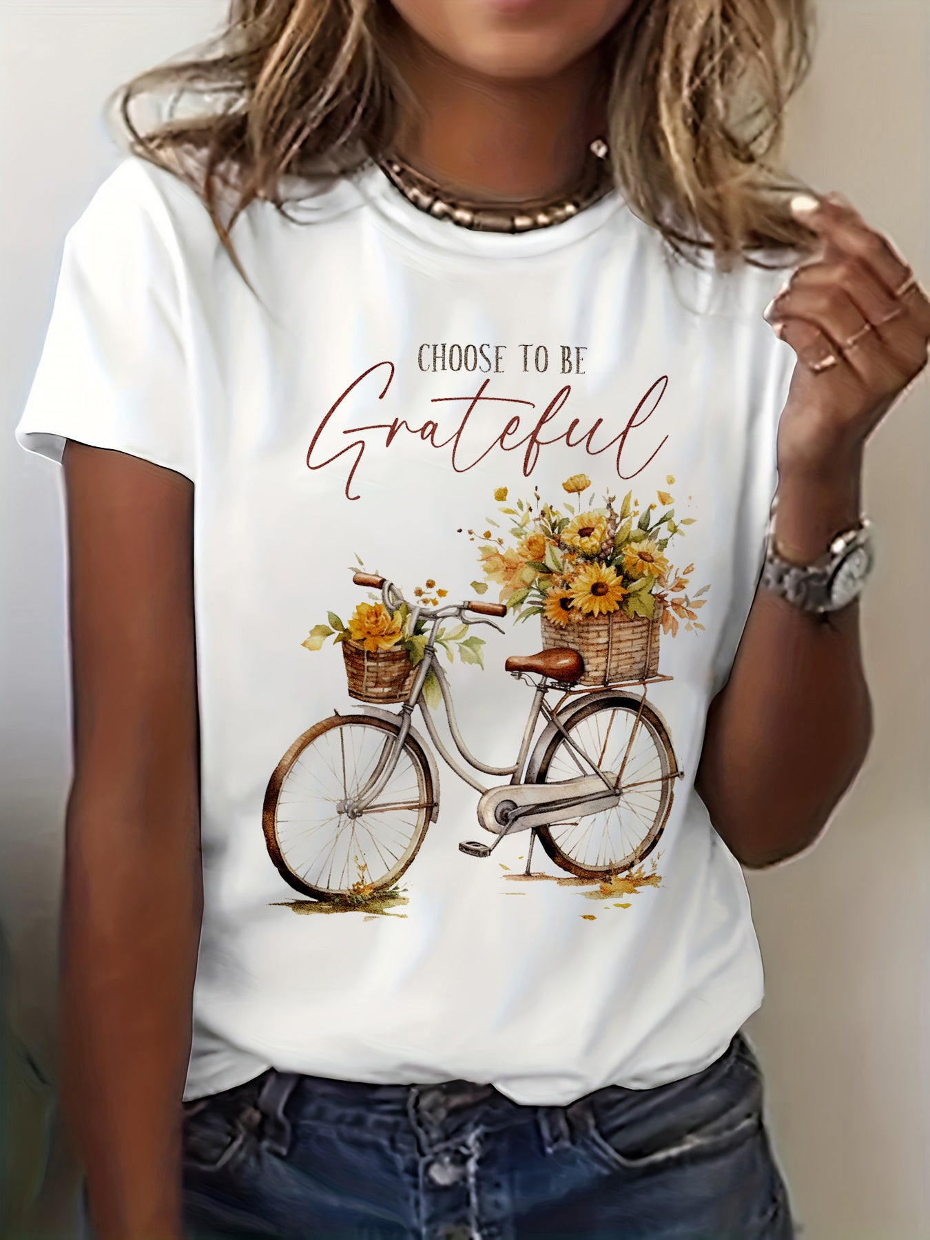 grateful flowers bike beautiful life graphic print t-shirt, short sleeve crew neck casual top for summer & spring, Women's clothing