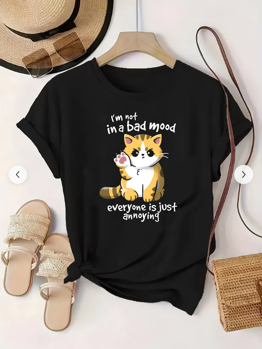 Women's Plus Size Casual Cat Print T-Shirt - "I'm Not in a Bad Mood" Humorous Graphic Tee with Slight Stretch, Short Sleeve Round Neck Summer Top, Machine Washable Black Shirt for Women, Cat Tshirt, Everyday Comfort Wear, Playful Design