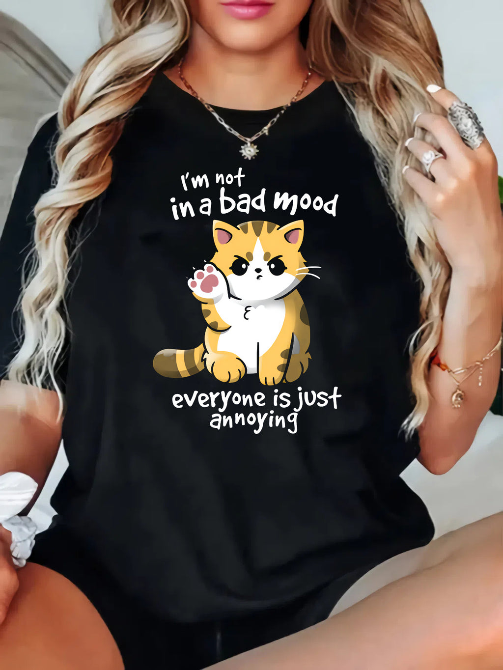 Women's Plus Size Casual Cat Print T-Shirt - "I'm Not in a Bad Mood" Humorous Graphic Tee with Slight Stretch, Short Sleeve Round Neck Summer Top, Machine Washable Black Shirt for Women, Cat Tshirt, Everyday Comfort Wear, Playful Design