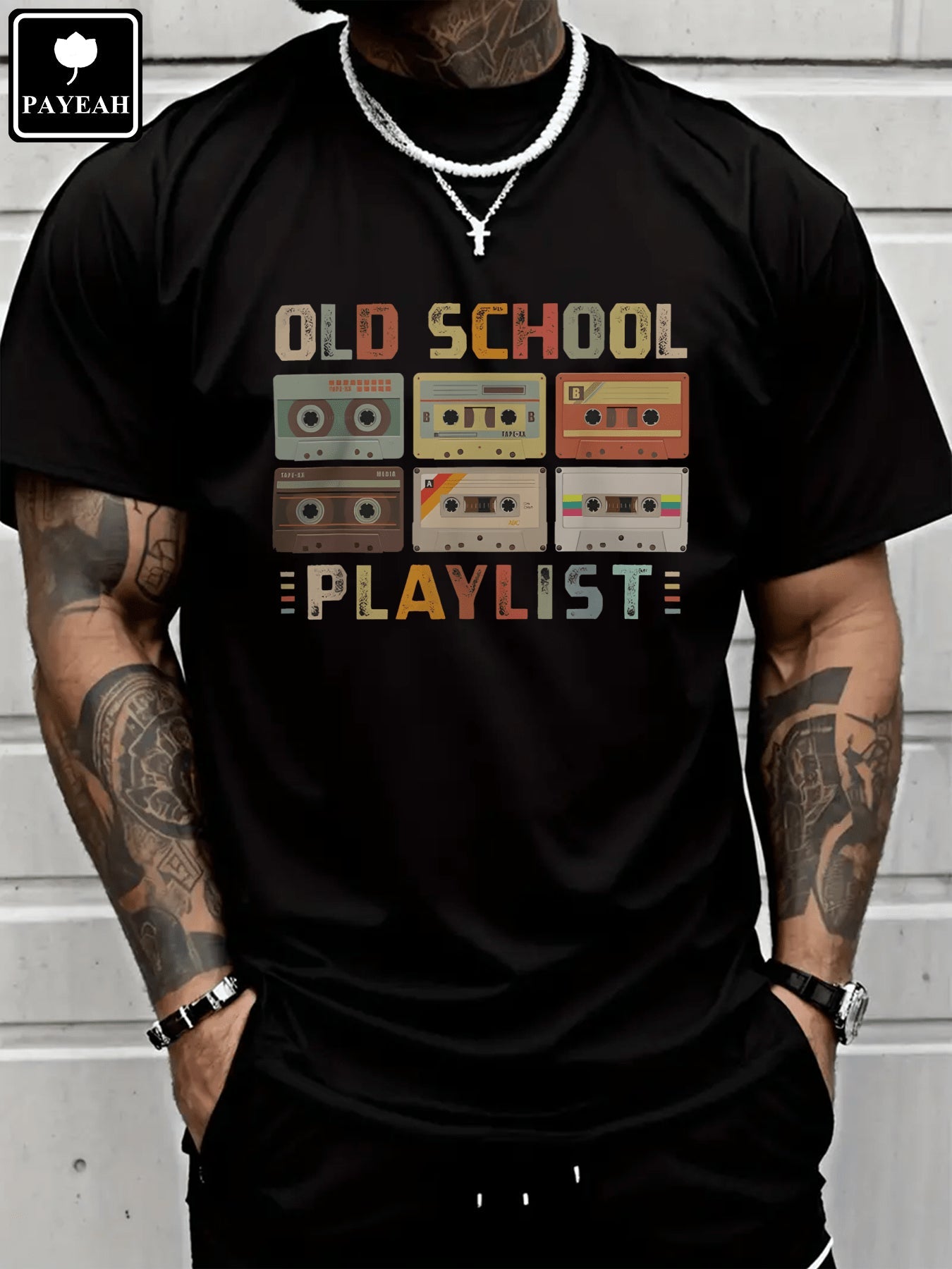 PAYEAH Cassette Tape Music 80s Retro Old School Playlist 100% Heavy Cotton Tshirt