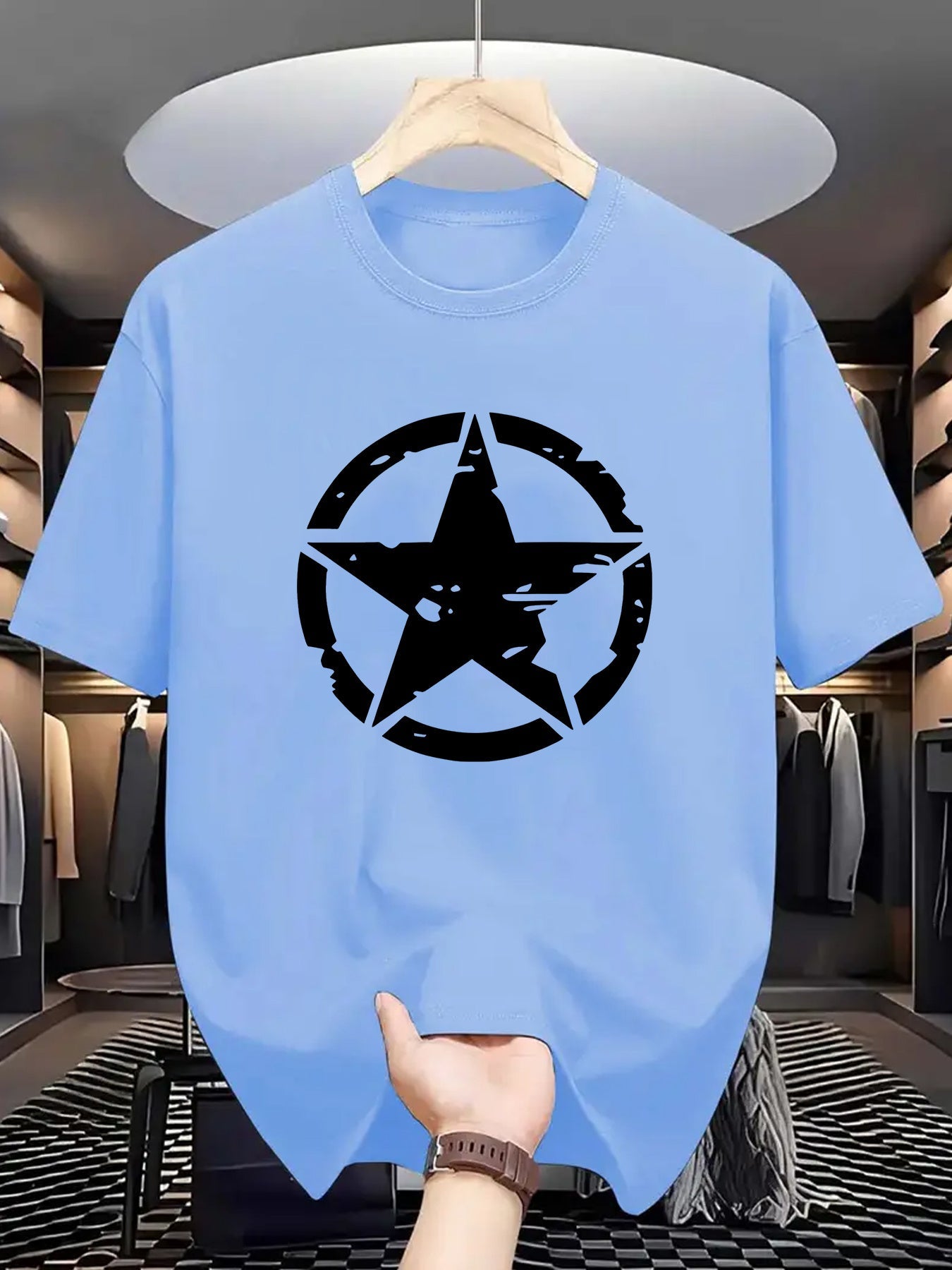 The 1105 Five-Point Star Circle Print Men'S T-Shirt Is Comfortable And Stretchy, Perfect for Summer Outdoor Activities. It Features a Street Style Elastic Round Neck Design, Making It a Great Gift Option. Available in Casual Patterns