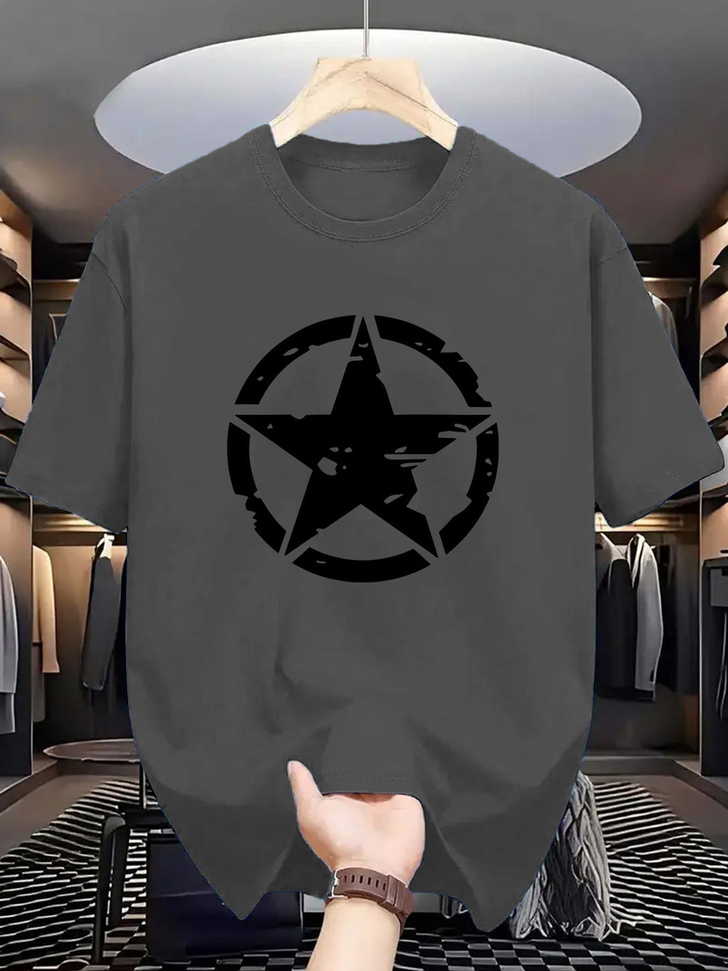 The 1105 Five-Point Star Circle Print Men'S T-Shirt Is Comfortable And Stretchy, Perfect for Summer Outdoor Activities. It Features a Street Style Elastic Round Neck Design, Making It a Great Gift Option. Available in Casual Patterns