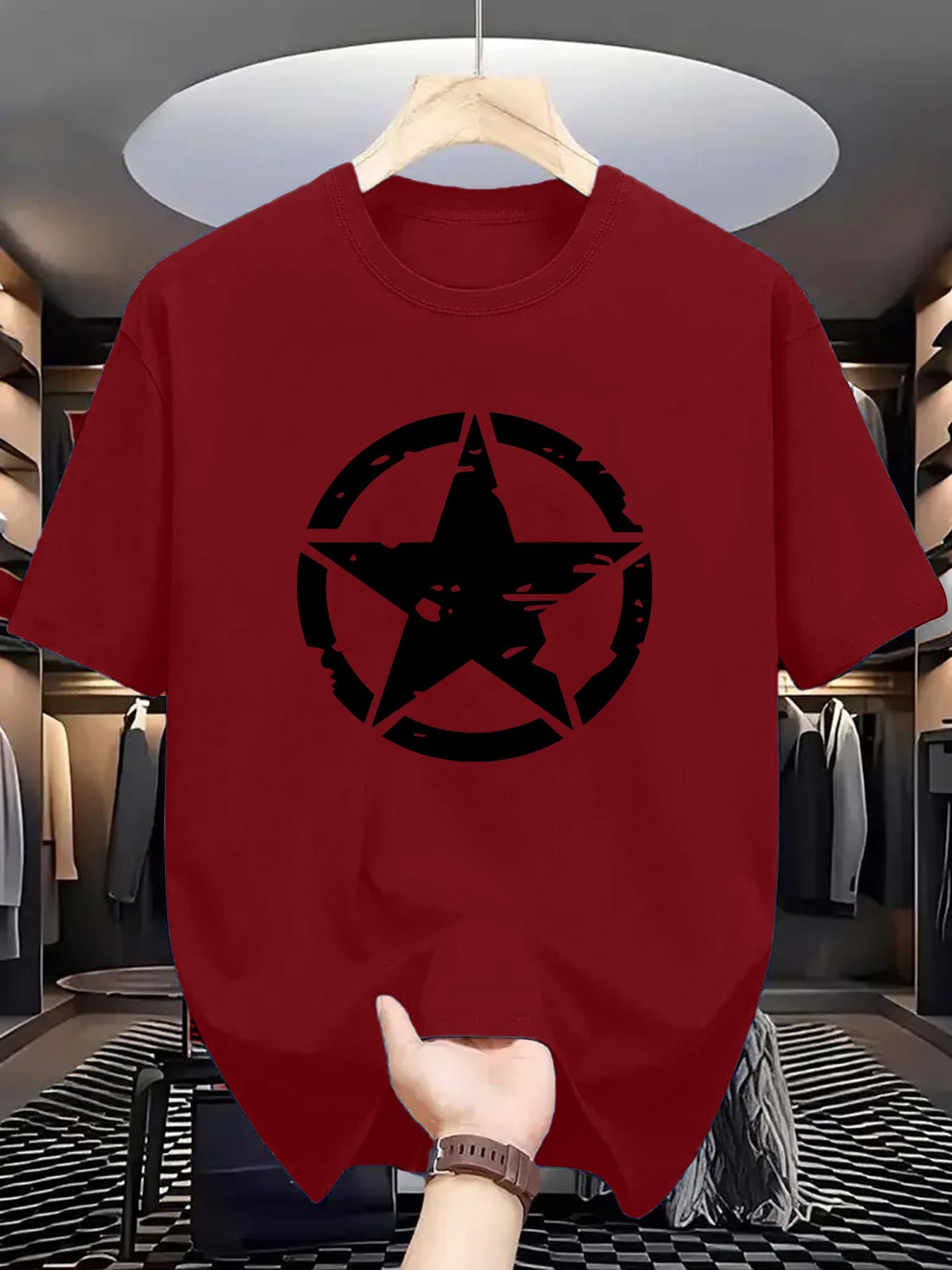 The 1105 Five-Point Star Circle Print Men'S T-Shirt Is Comfortable And Stretchy, Perfect for Summer Outdoor Activities. It Features a Street Style Elastic Round Neck Design, Making It a Great Gift Option. Available in Casual Patterns