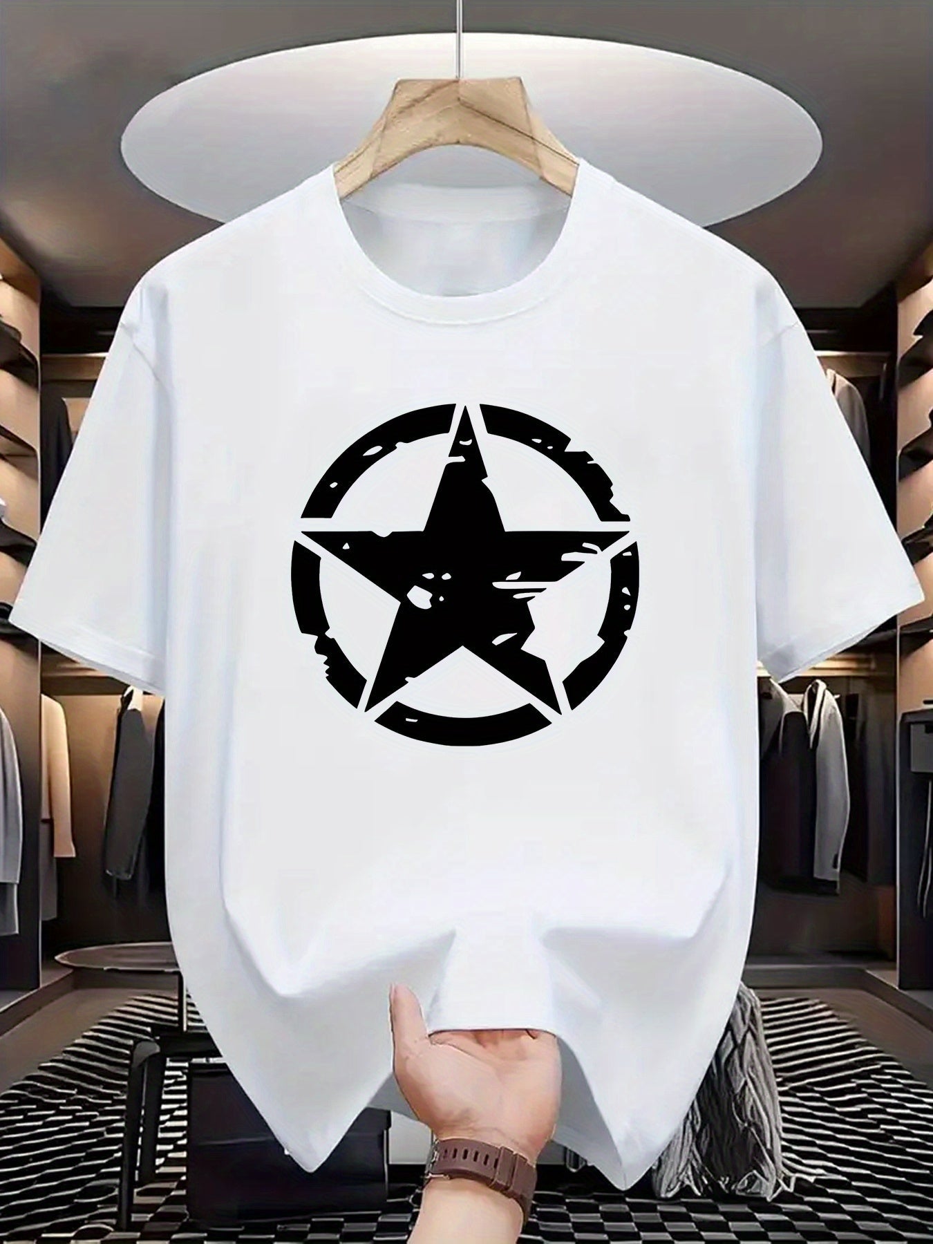 The 1105 Five-Point Star Circle Print Men'S T-Shirt Is Comfortable And Stretchy, Perfect for Summer Outdoor Activities. It Features a Street Style Elastic Round Neck Design, Making It a Great Gift Option. Available in Casual Patterns