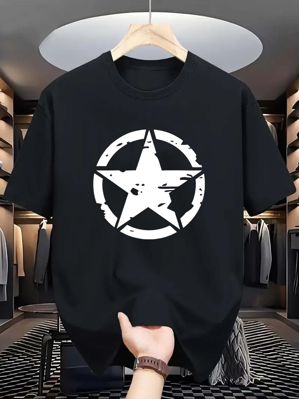 The 1105 Five-Point Star Circle Print Men'S T-Shirt Is Comfortable And Stretchy, Perfect for Summer Outdoor Activities. It Features a Street Style Elastic Round Neck Design, Making It a Great Gift Option. Available in Casual Patterns