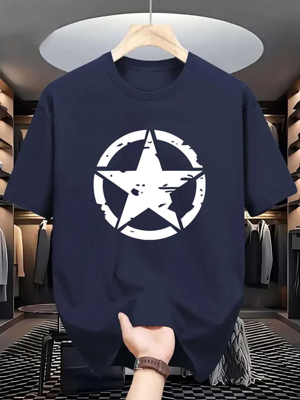 The 1105 Five-Point Star Circle Print Men'S T-Shirt Is Comfortable And Stretchy, Perfect for Summer Outdoor Activities. It Features a Street Style Elastic Round Neck Design, Making It a Great Gift Option. Available in Casual Patterns