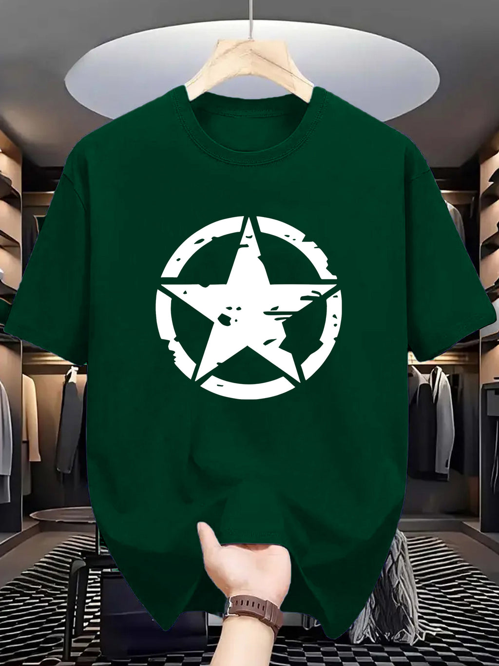 The 1105 Five-Point Star Circle Print Men'S T-Shirt Is Comfortable And Stretchy, Perfect for Summer Outdoor Activities. It Features a Street Style Elastic Round Neck Design, Making It a Great Gift Option. Available in Casual Patterns