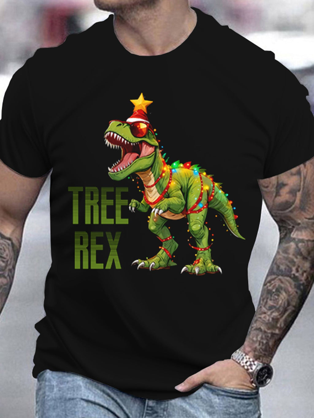 Men'S 3D Printed Christmas Tree Rex T-Shirt for Summer, Casual Round Neck, Short Sleeve Outdoor Wear