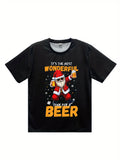 Casual Round Neck Short Sleeve Outdoor Top Featuring a 3D Print of a Cool Santa Enjoying Beer, Perfect for Christmas.