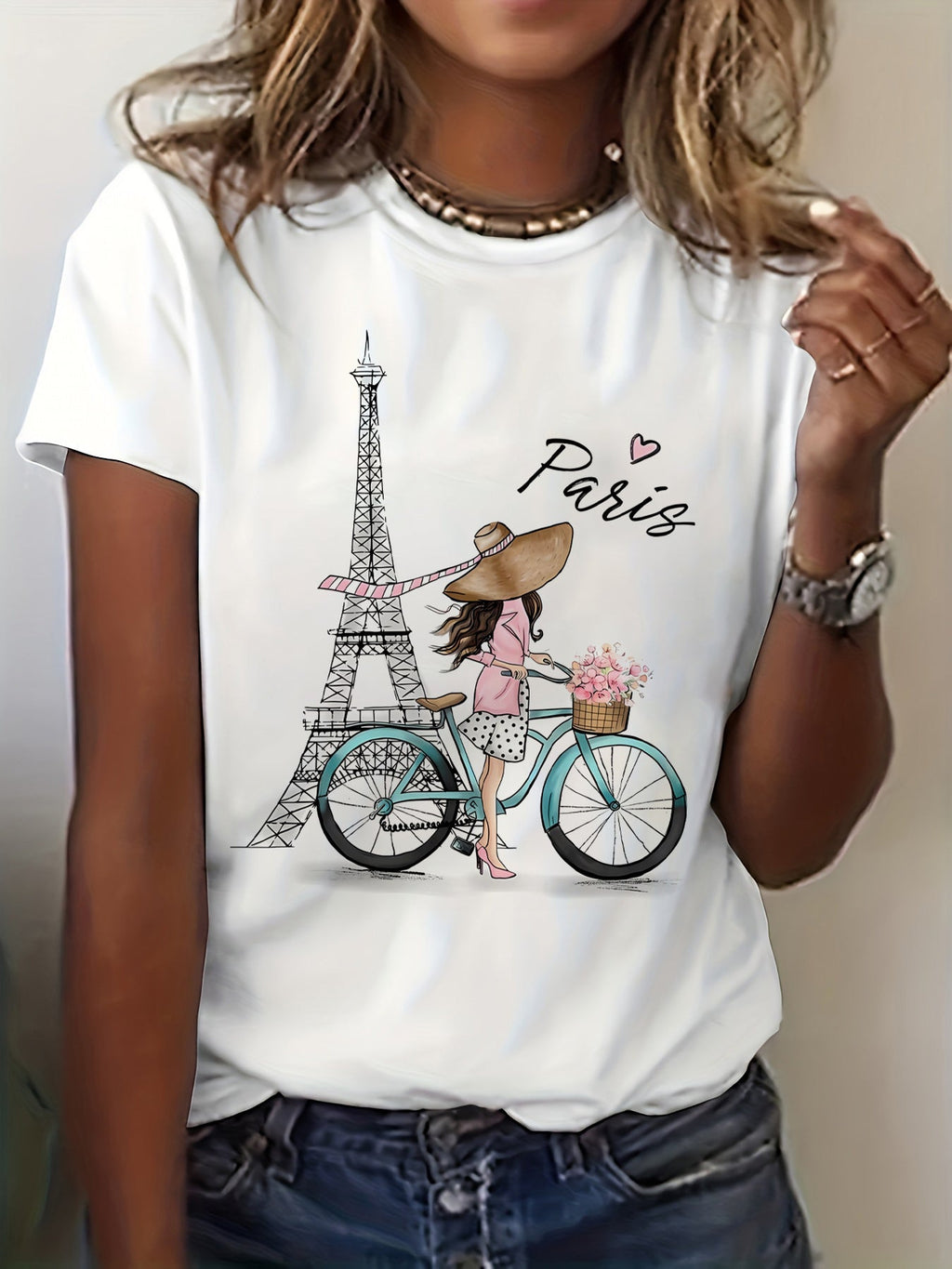 Graphic Print T-Shirt Featuring a Parisian with a Bicycle, Short-Sleeved Crew Neck Casual Top Ideal for Spring And Summer, Women'S Apparel