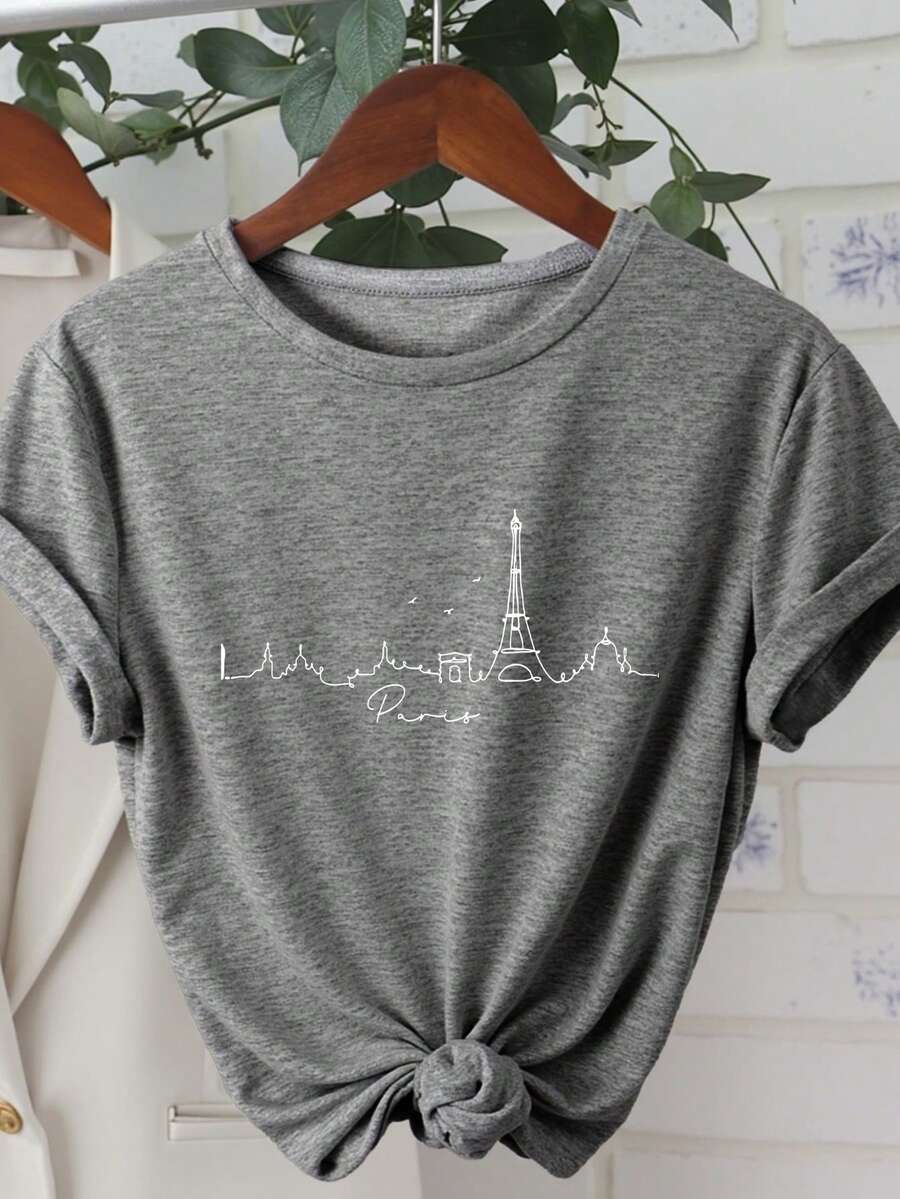 INAWLY Paris Landscape Outline Women's T-Shirt, Cool Parisian Art Print With Round Neck Short Sleeve Casual Tee Graphic Tees Women Tops