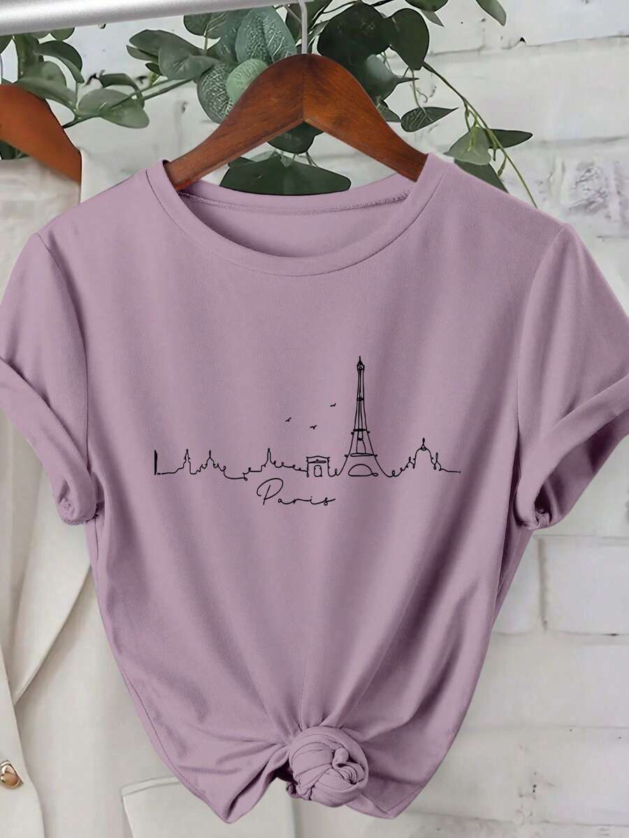 INAWLY Paris Landscape Outline Women's T-Shirt, Cool Parisian Art Print With Round Neck Short Sleeve Casual Tee Graphic Tees Women Tops