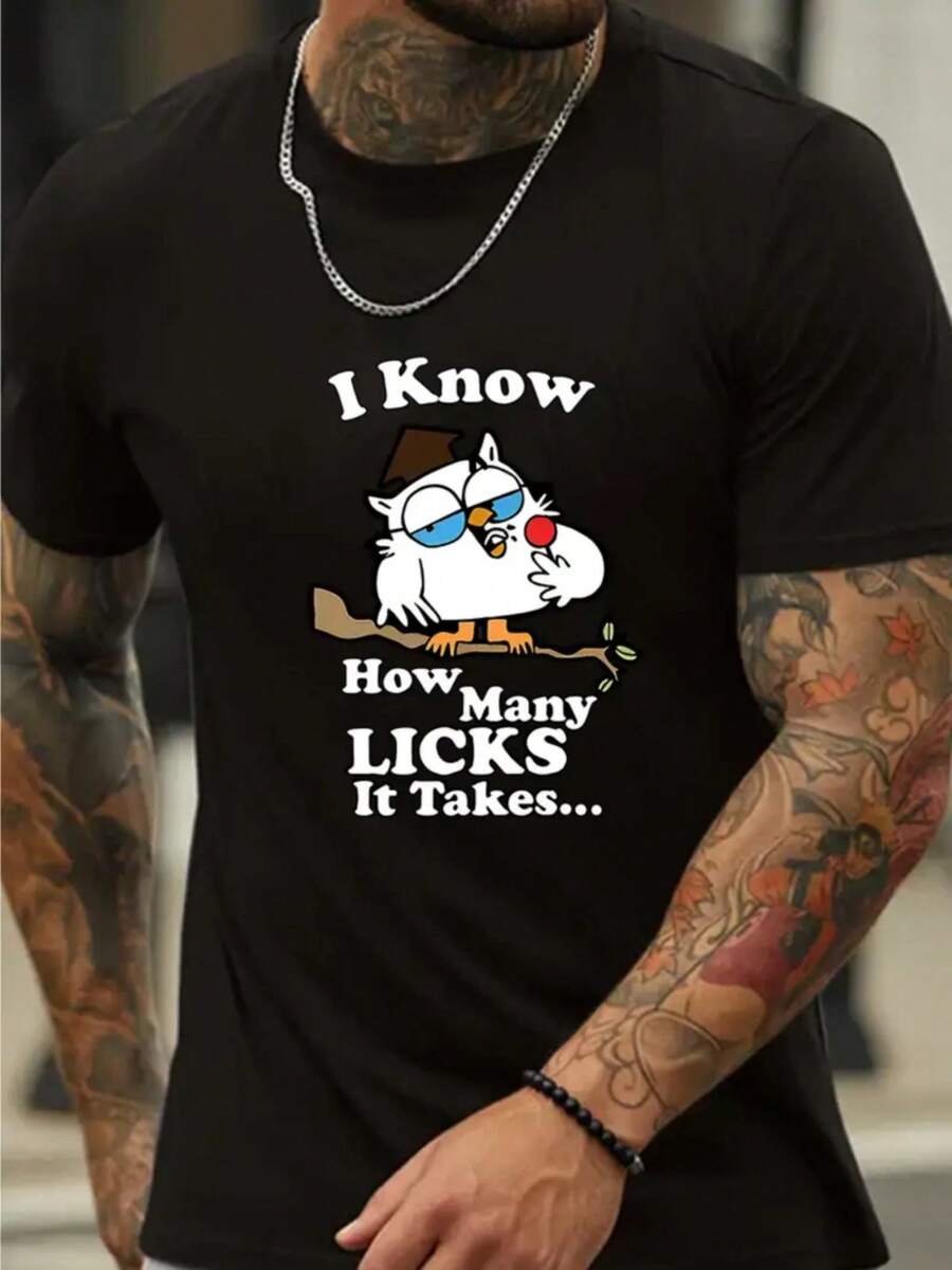 "I Know How Many Licks It Takes" Letters And Cartoon Owl Print Crew-Neck Men's Short-Sleeved T-Shirt, Slightly Stretchy, Casual And Comfortable Top, Perfect For Outdoor Fitness And Everyday Wear