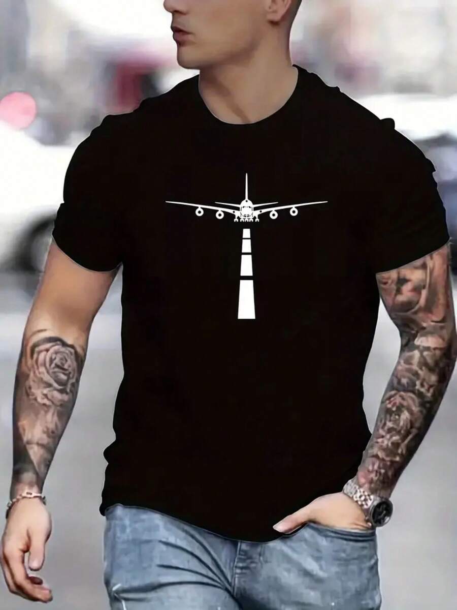 Aircraft Classic Pattern Men's Short Sleeve Printed T-Shirt, Outdoor Casual T-Shirt Men's Sports Short Sleeve, Round Neck Comfortable T-Shirt Men's Top, Fashion Retro Men's Cotton Short Sleeve, Conventional Version Of The Top, Daily Wear