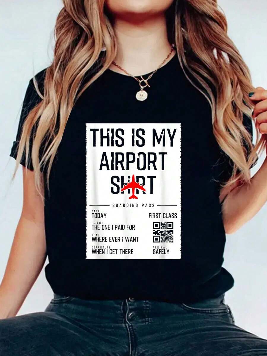 This Is My Airport Shirt Family Travel T-Shirt Women T-Shirt Print Crew Neck T-Shirt For Summer, Women's Soft Short Sleeve Top, Stylish Comfy Tee For Women Graphic Tees