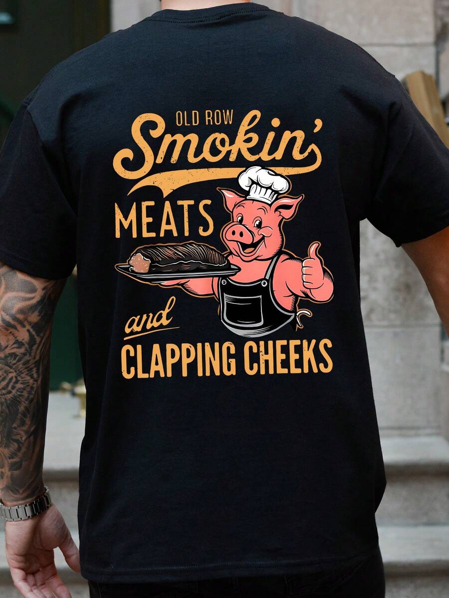 Men's Fashion Red Pig Chef Letter Graphic Print T-Shirt