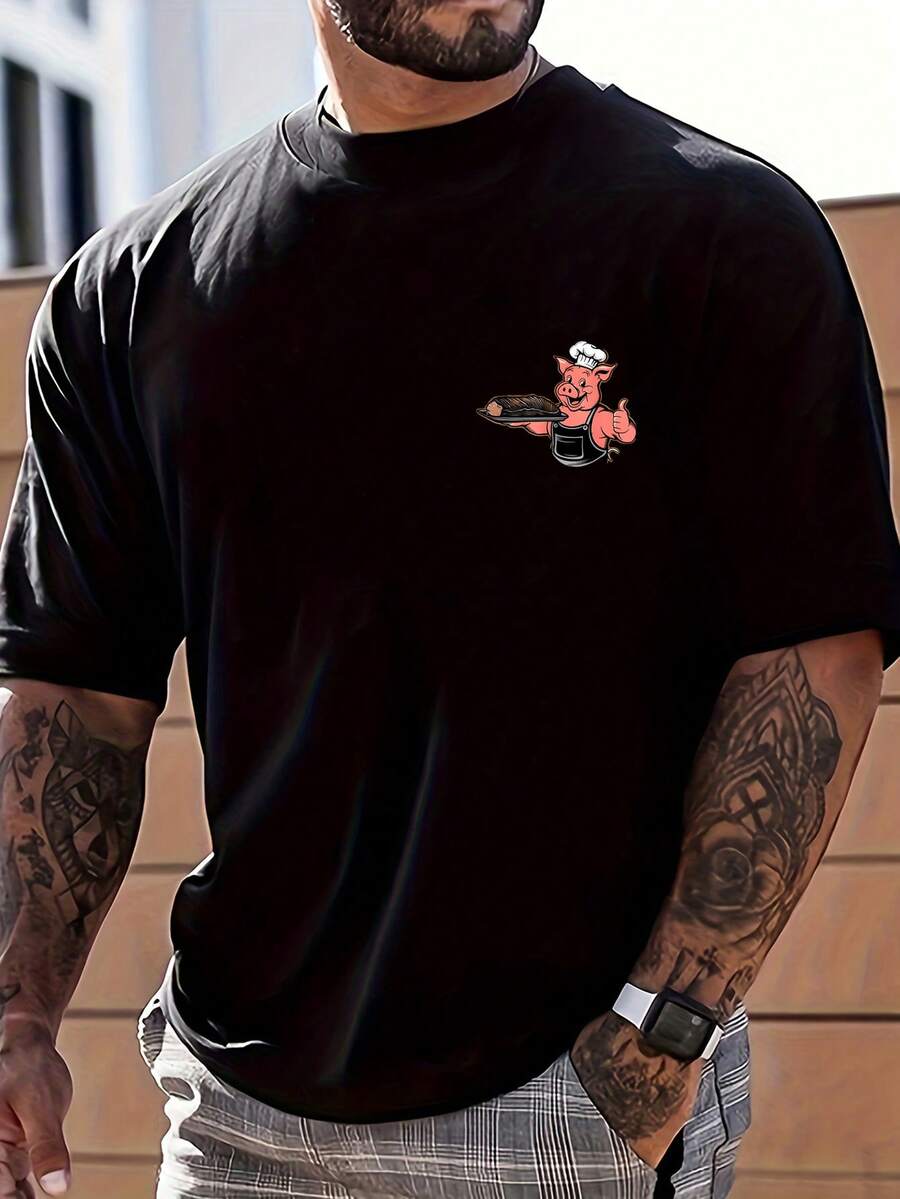 Men's Fashion Red Pig Chef Letter Graphic Print T-Shirt