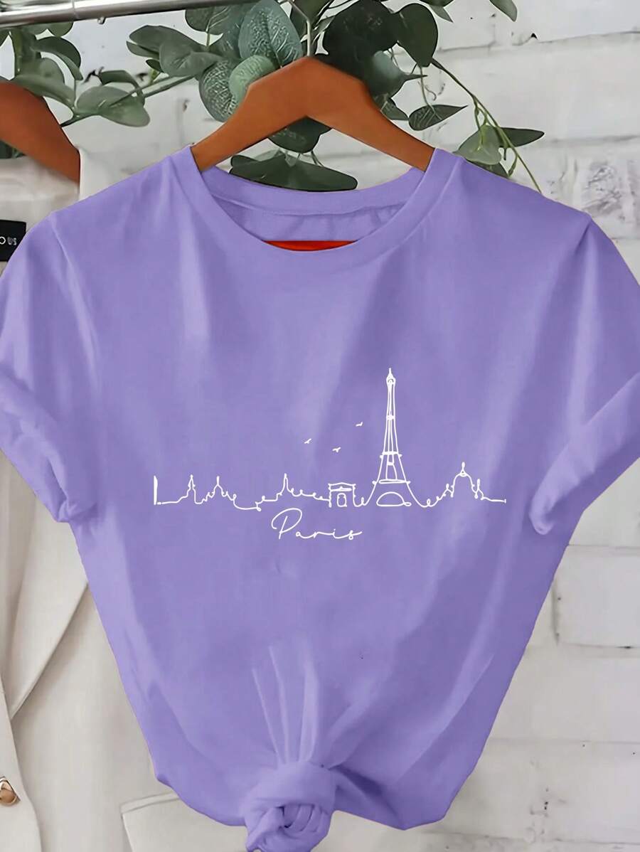 INAWLY Paris Landscape Outline Women's T-Shirt, Cool Parisian Art Print With Round Neck Short Sleeve Casual Tee Graphic Tees Women Tops