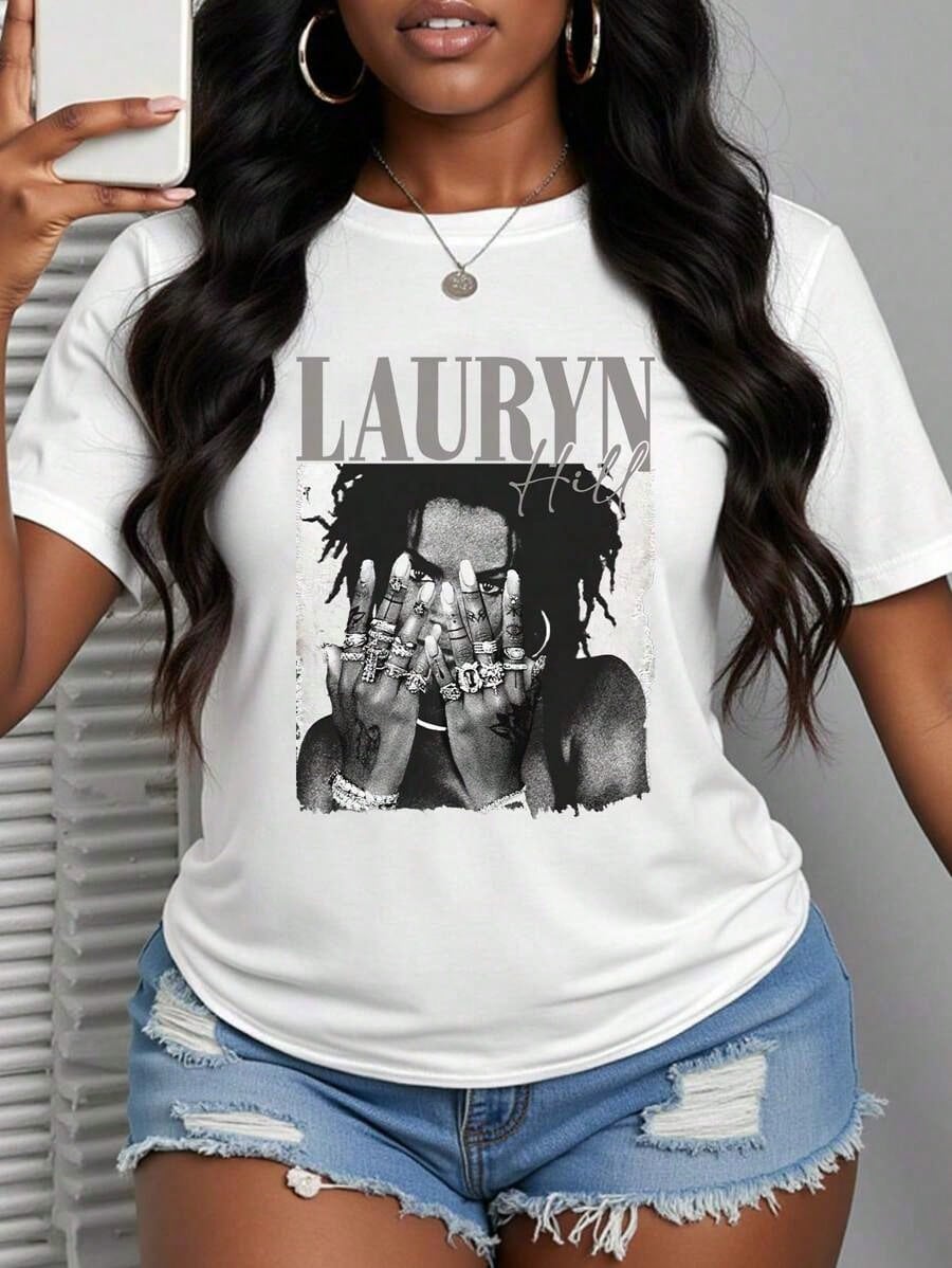 With Ring On Hand - 100% Cotton Women's T-Shirt/Lauren Hill/Letter Print/Vintage T-Shirt/Women's Casual Loose Round Neck Top/Spring And Summer-Niche Graffiti Prints T-Shirts-85841-102525