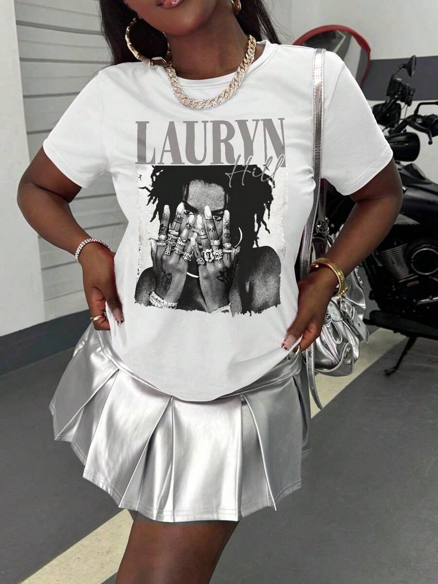 With Ring On Hand - 100% Cotton Women's T-Shirt/Lauren Hill/Letter Print/Vintage T-Shirt/Women's Casual Loose Round Neck Top/Spring And Summer-Niche Graffiti Prints T-Shirts-85841-102525