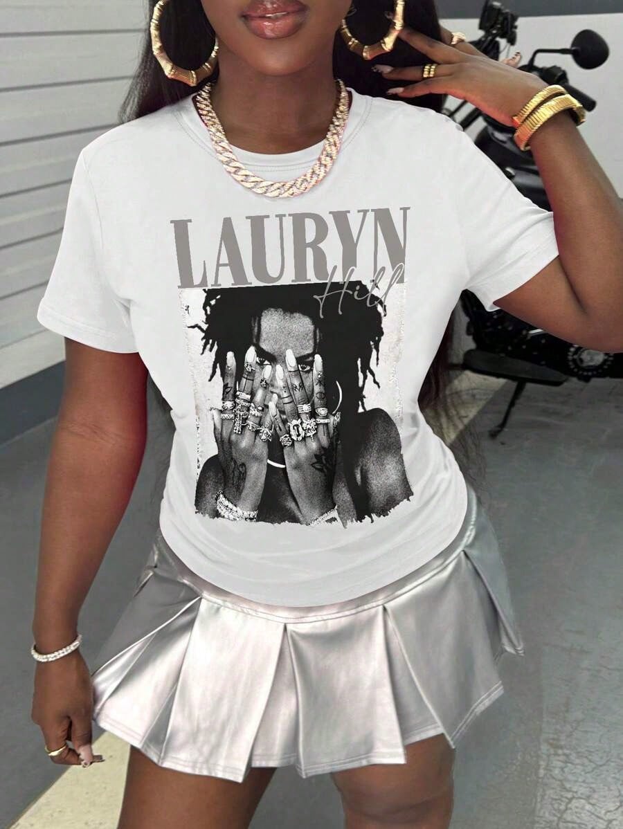 With Ring On Hand - 100% Cotton Women's T-Shirt/Lauren Hill/Letter Print/Vintage T-Shirt/Women's Casual Loose Round Neck Top/Spring And Summer-Niche Graffiti Prints T-Shirts-85841-102525