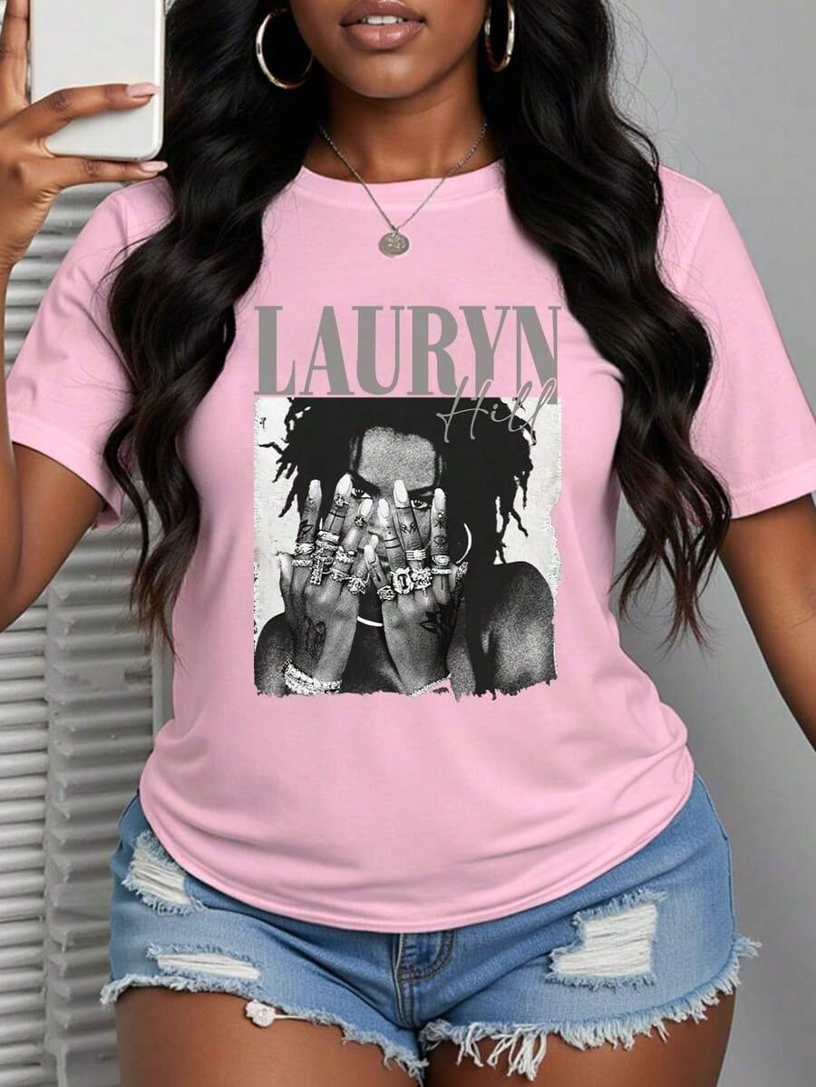 With Ring On Hand - 100% Cotton Women's T-Shirt/Lauren Hill/Letter Print/Vintage T-Shirt/Women's Casual Loose Round Neck Top/Spring And Summer-Niche Graffiti Prints T-Shirts-85841-102525