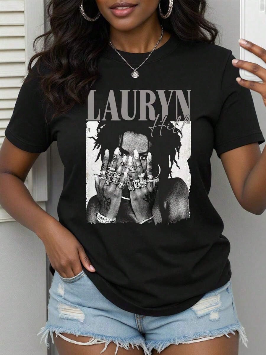 With Ring On Hand - 100% Cotton Women's T-Shirt/Lauren Hill/Letter Print/Vintage T-Shirt/Women's Casual Loose Round Neck Top/Spring And Summer-Niche Graffiti Prints T-Shirts-85841-102525